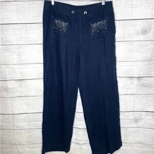 INC International Concepts 100% Linen Navy Blue Pants Embellished Pockets 12